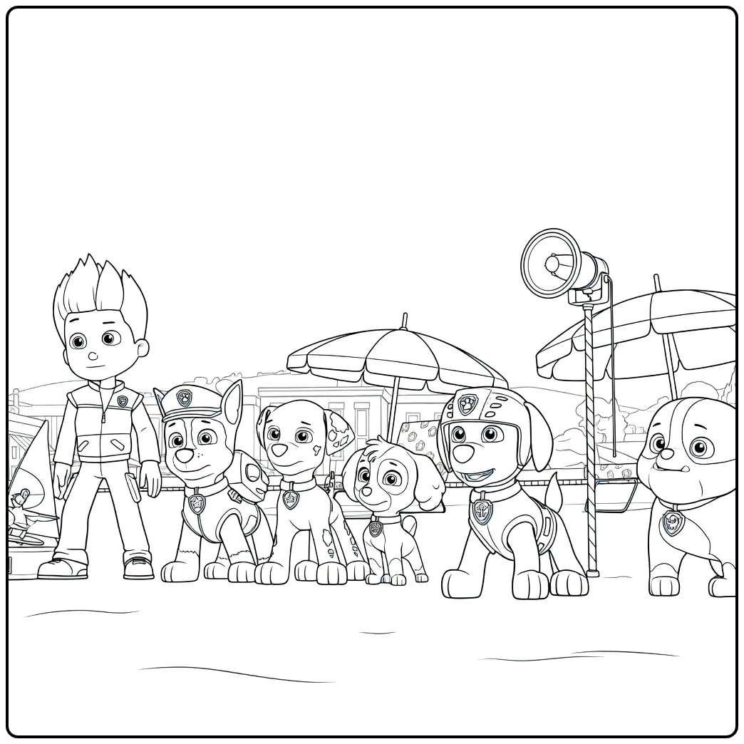 Paw Patrol honden en jongen staand naast elkaar met parasols en megafoon Paw Patrol Seizoen 13 Kleurplaat