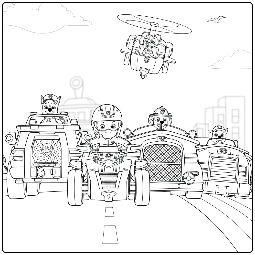 Paw Patrol Season 1 Kleurplaat met antropomorfe honden in hulpdienstenvoertuigen op een weg en een helikopter erboven