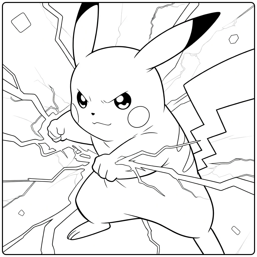 Pikachu Kleurplaat met gebukte vechthouding, gebalde vuisten en bliksemstaart