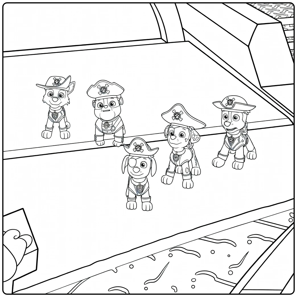 Paw Patrol Seizoen 4 Kleurplaat met kleine honden in piratenhoeden en oogkleppen