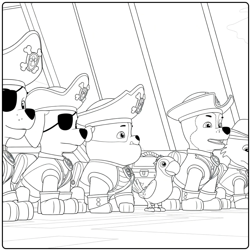 Paw Patrol Seizoen 4 Kleurplaat met piratenhonden en papegaai zittend in een rij
