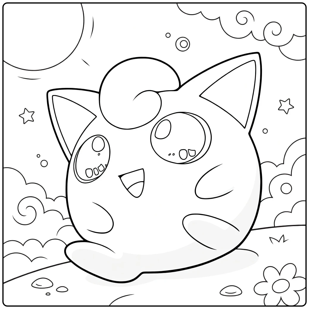 Jigglypuff Kleurplaat van een rond roze wezen met grote ogen en open bek zittend voor de maan