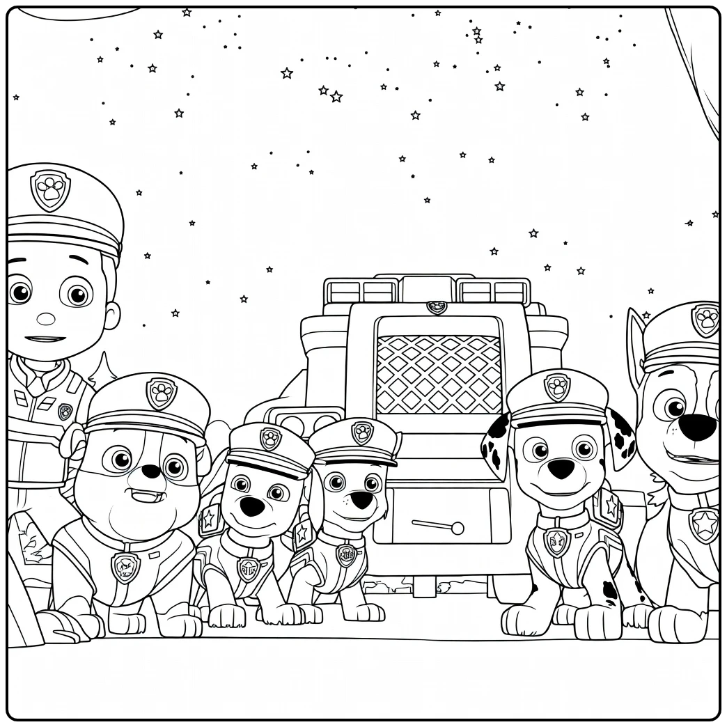 Paw Patrol Seizoen 12 Kleurplaat met een groep politie honden en een jongen naast hun voertuig