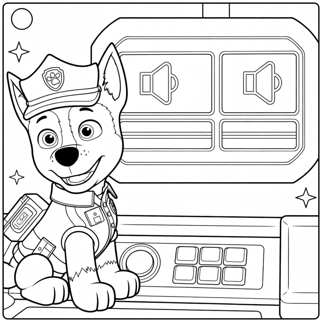 Antropomorfe hond in uniform zittend bij bedieningspaneel met pet en badge Paw Patrol Seizoen 12 Kleurplaat