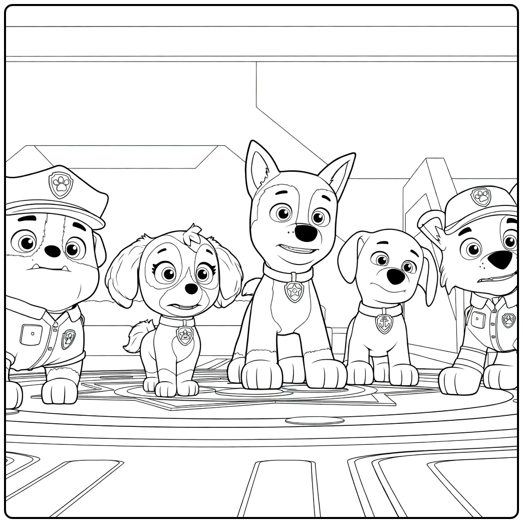Vijf antropomorfe honden in politie-uniformen die samen poseren Paw Patrol Seizoen 12 Kleurplaat