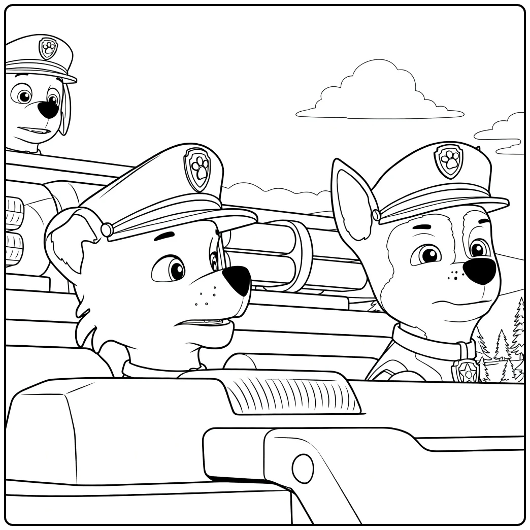 Drie politiehonden zittend in een voertuig met dashboard en lichten Paw Patrol Seizoen 12 Kleurplaat