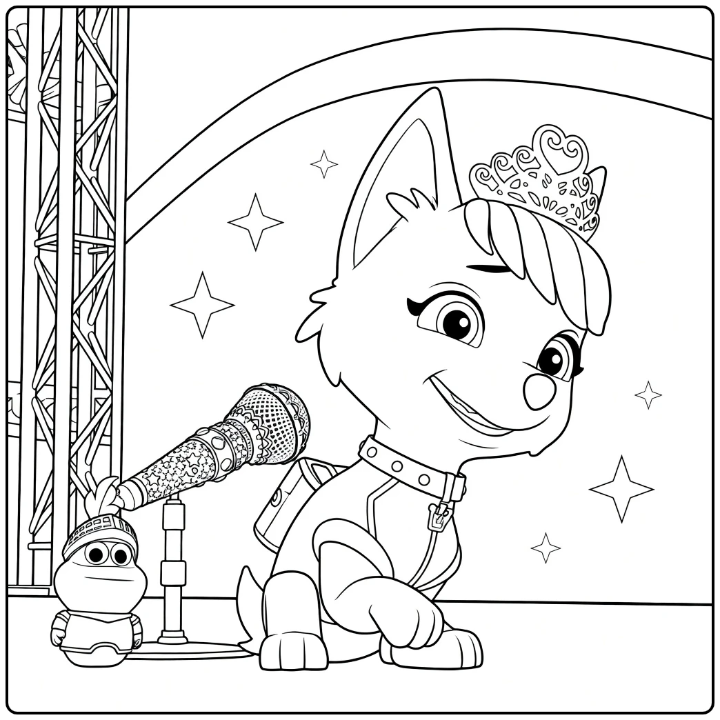 Zittende pup met paarse tiara en roze pak naast kleine groene figuur met microfoon Paw Patrol Seizoen 5 Kleurplaat
