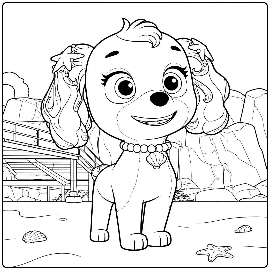 al Paw patrol kleurplaat van een puppy op vier poten met paarse ogen en sterren haarclips