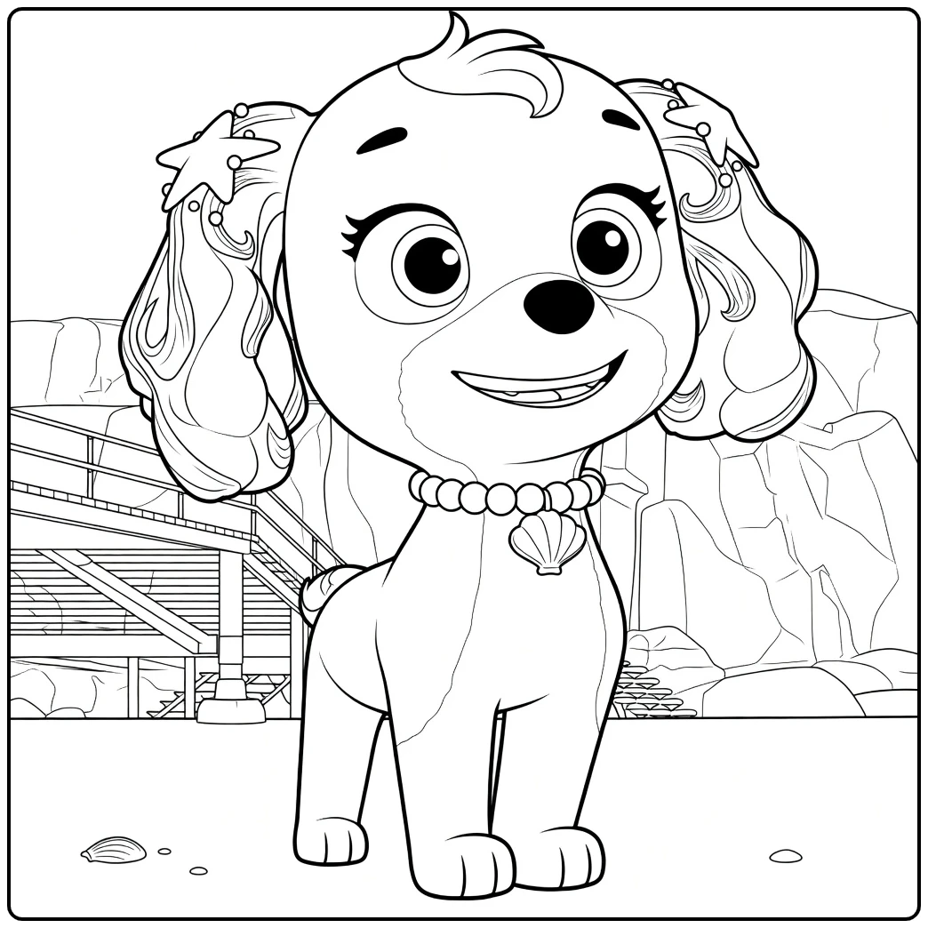 Antropomorfe puppy met grote paarse ogen en ster haarclips coral paw patrol kleurplaat