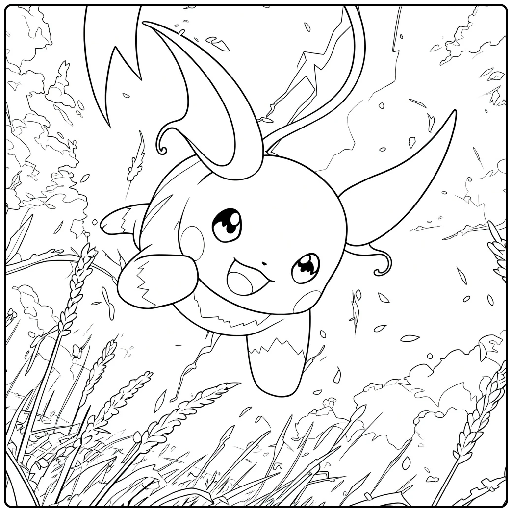 Raichu Kleurplaat van een knaagdier dat dynamisch door de lucht springt met bliksemstaart en open bek