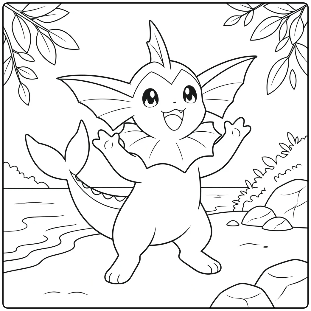 Vaporeon Kleurplaat met een rechtopstaand blauw wezen met grote oren en staart op het strand