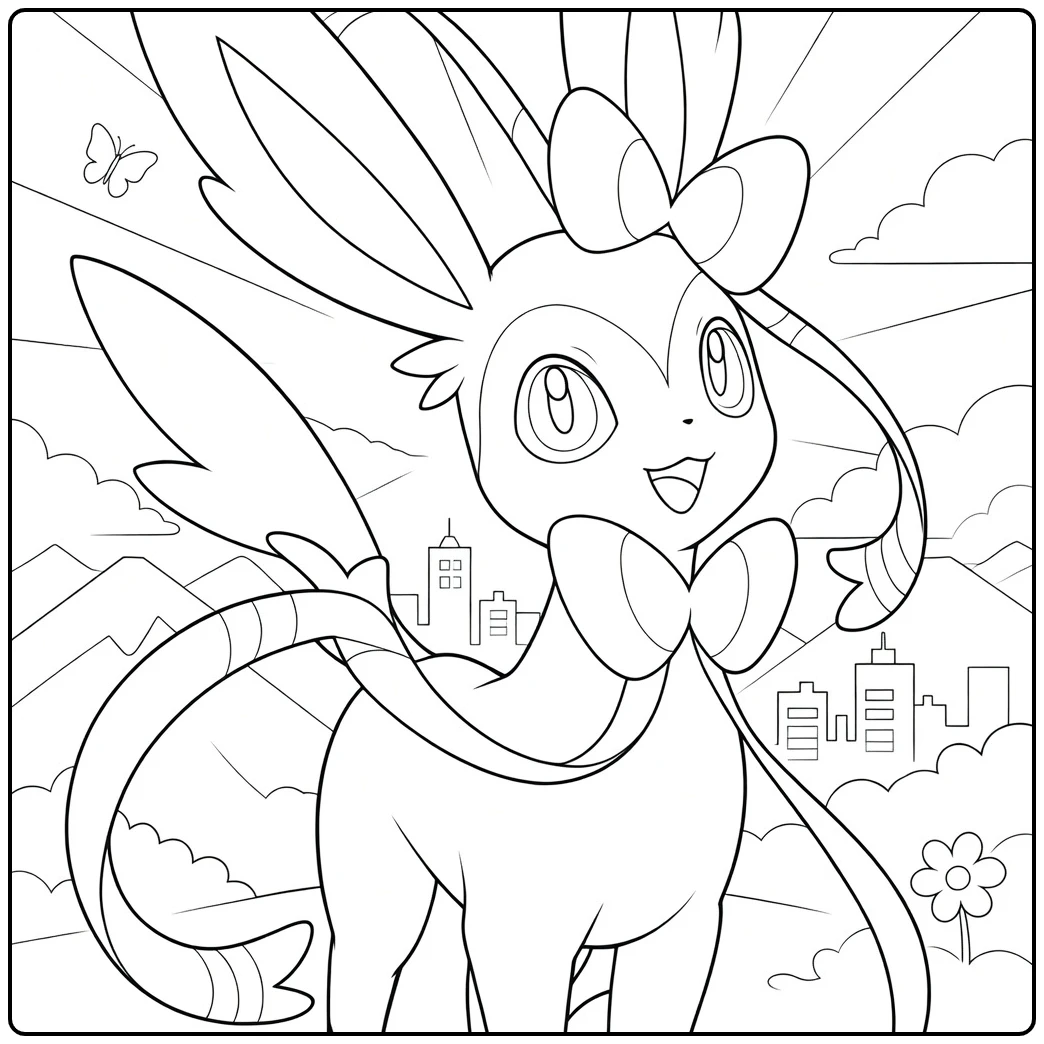 Sylveon Kleurplaat van een rechtopstaand dier met lange lintoren en strikken
