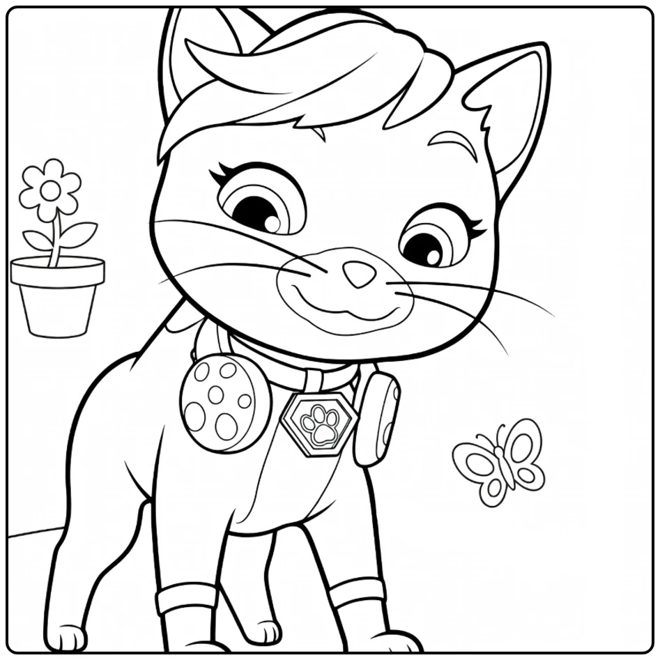 Zwarte kat op achterpoten met paarse haarpluk en tas shade paw patrol kleurplaat