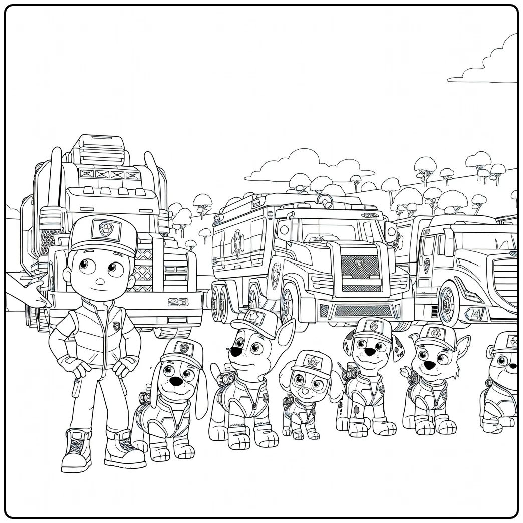 Paw Patrol Seizoen 9 Kleurplaat met een jongen en honden in uniform voor reddingstrucks