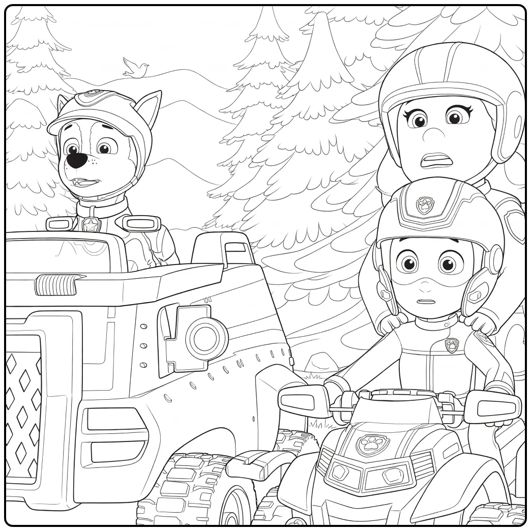 Paw Patrol Seizoen 7 Kleurplaat met hond en twee personen op voertuigen voor dennenbomen.