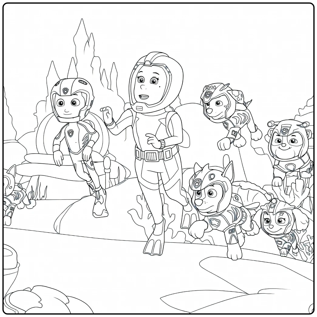Paw Patrol Seizoen 2 kleurplaat met een centrale figuur die leidt terwijl de groep rent en springt