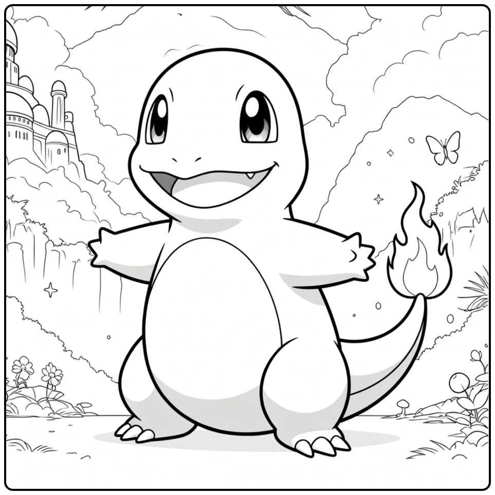 Reptiel met vlammenstaart en grote ogen Charmander Kleurplaat