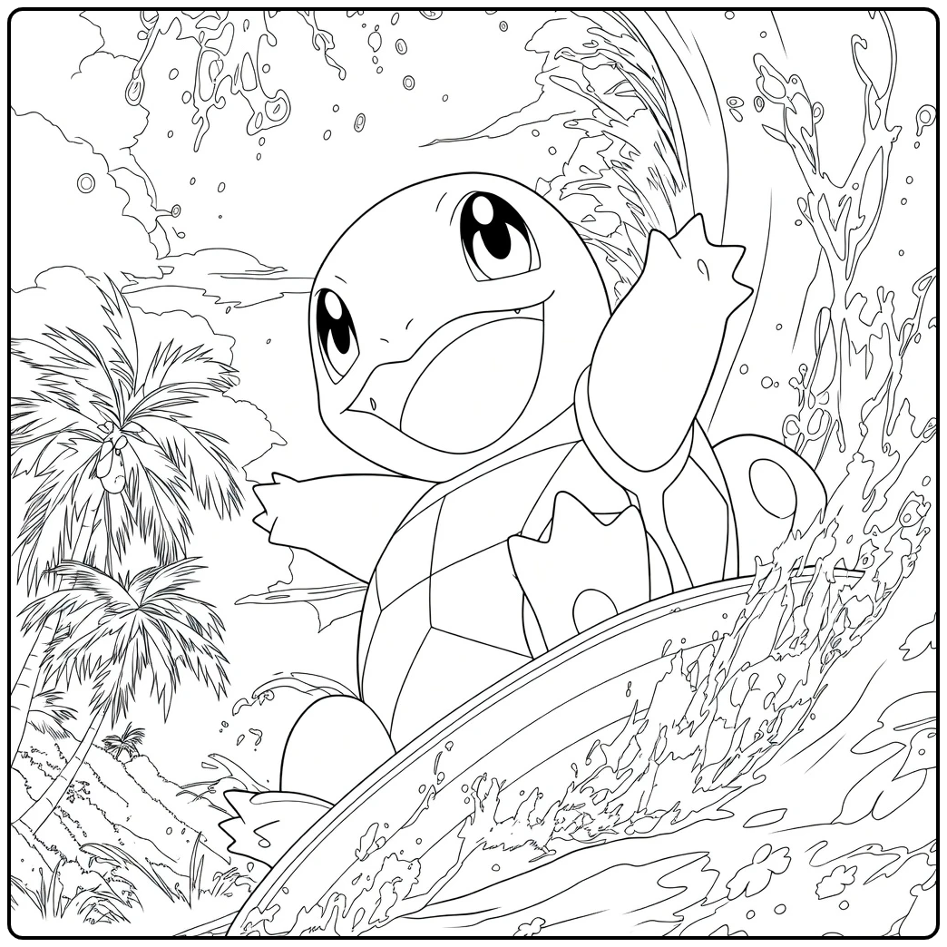 Reptiel op surfplank met open bek en golven Squirtle Kleurplaat