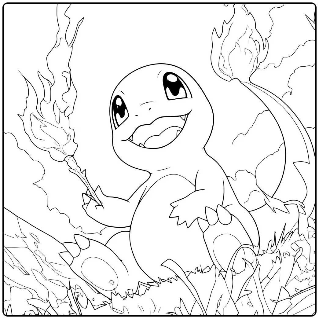 Charmander Kleurplaat van een reptiel dat zittend een brandende tak vasthoudt met open bek en vlamstaart