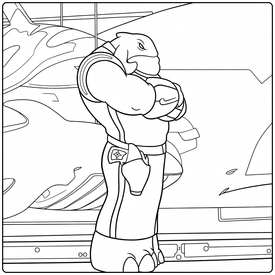 Captain Gantu Kleurplaat met een gespierde reptielachtige figuur die met over elkaar geslagen armen staat voor een groot voertuig.