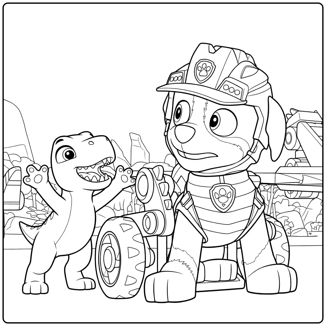Knielende hond met helm en dinosaurus met opgeheven arm naast mechanisch apparaat rex paw patrol kleurplaat