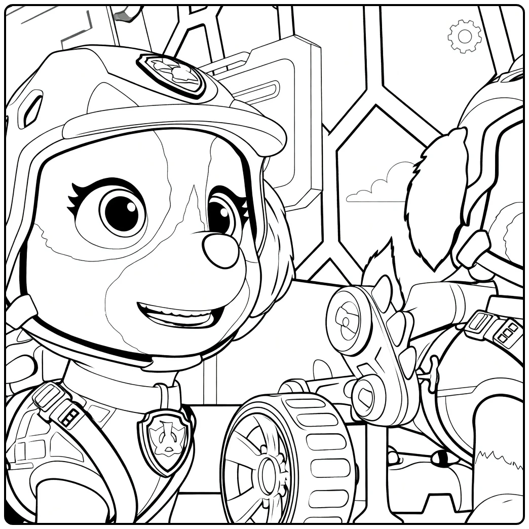 rex paw patrol kleurplaat met een hond met roze helm en paarse vest naast een hond met blauwe helm