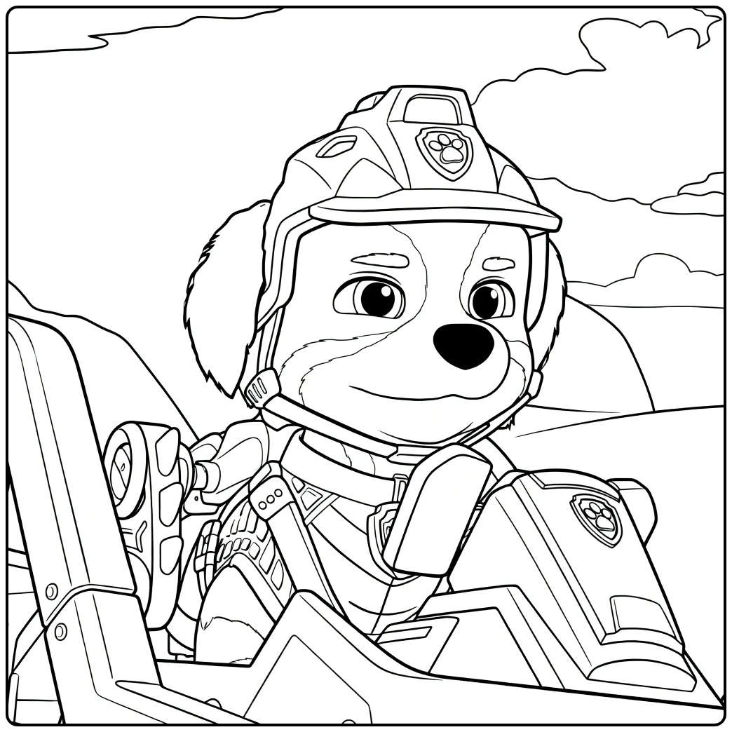 Anthropomorfe hond met helm en harnas zittend in een cockpit rex paw patrol kleurplaat
