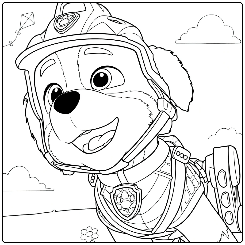 rex paw patrol kleurplaat van een hond met helm, vest en rugzak die lacht