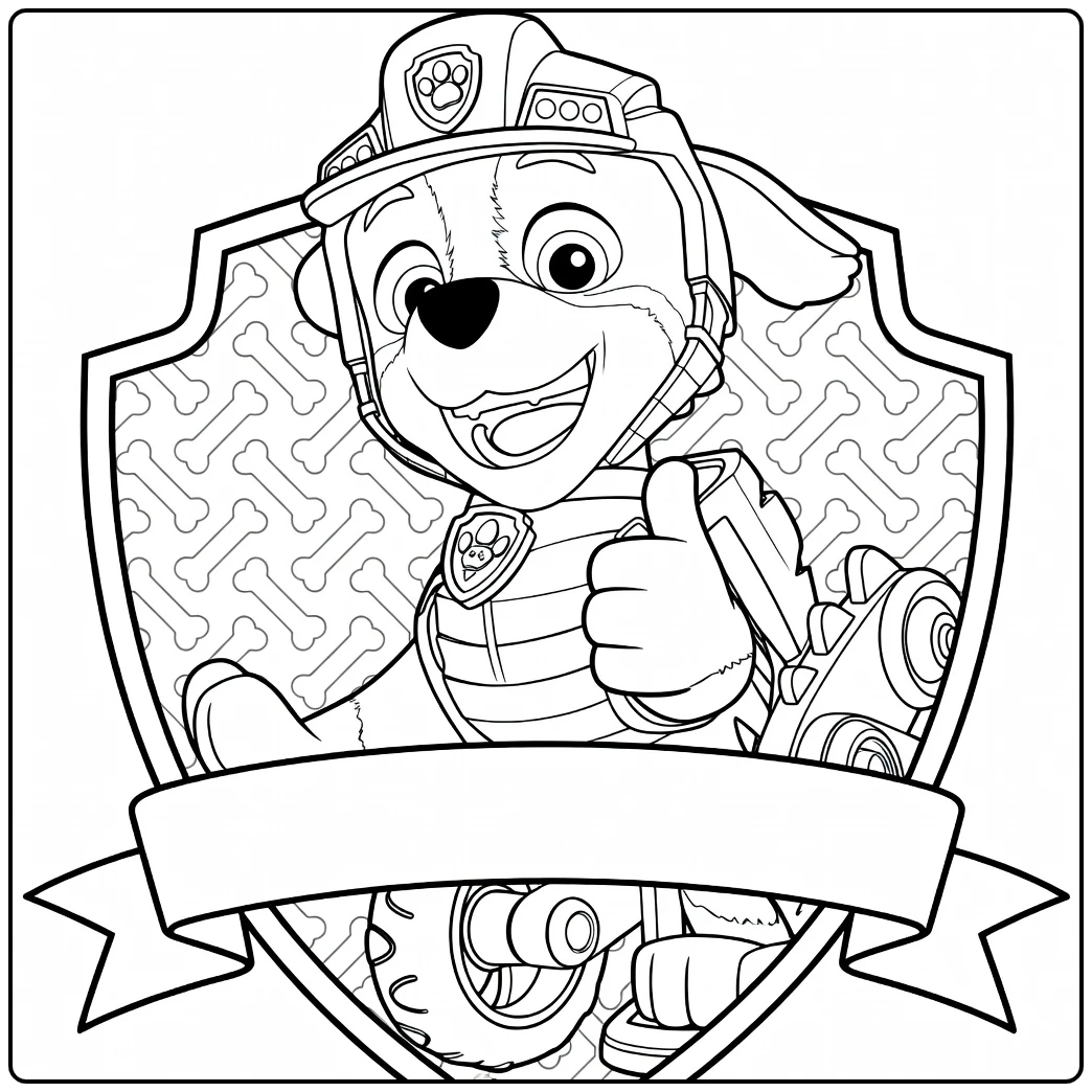 Hond met helm en vest leunend met poot omhoog in rex Paw patrol kleurplaat