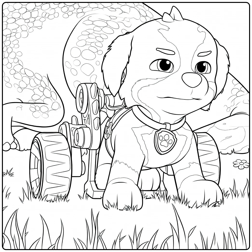 Hond met robotisch mobiliteitshulpmiddel en grote dinosaurus op de achtergrond rex paw patrol kleurplaat
