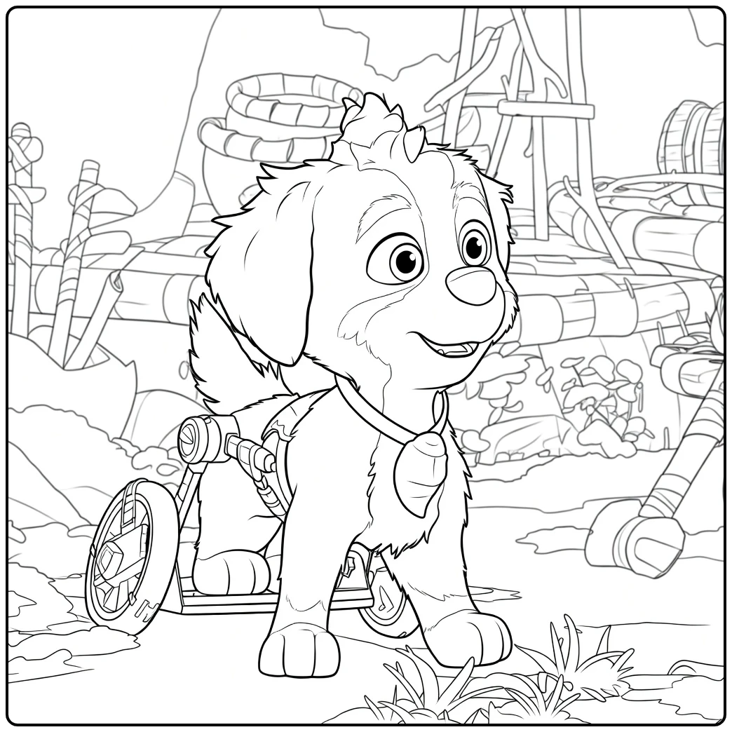 Tri-kleurige pup met metalen frame en wielen voor de achterpoten rex paw patrol kleurplaat