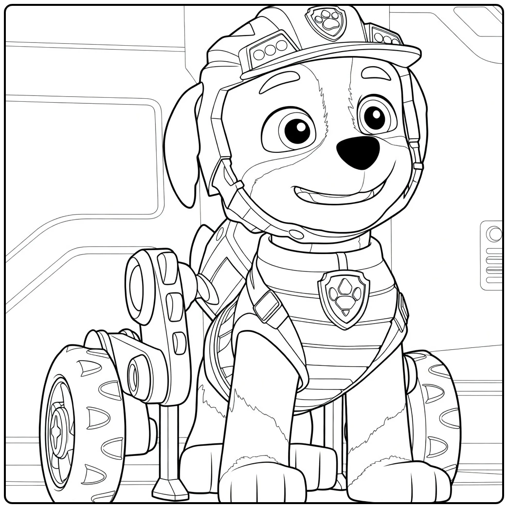 rex Paw patrol kleurplaat van een hond met helm en robotarm zittend naar voren
