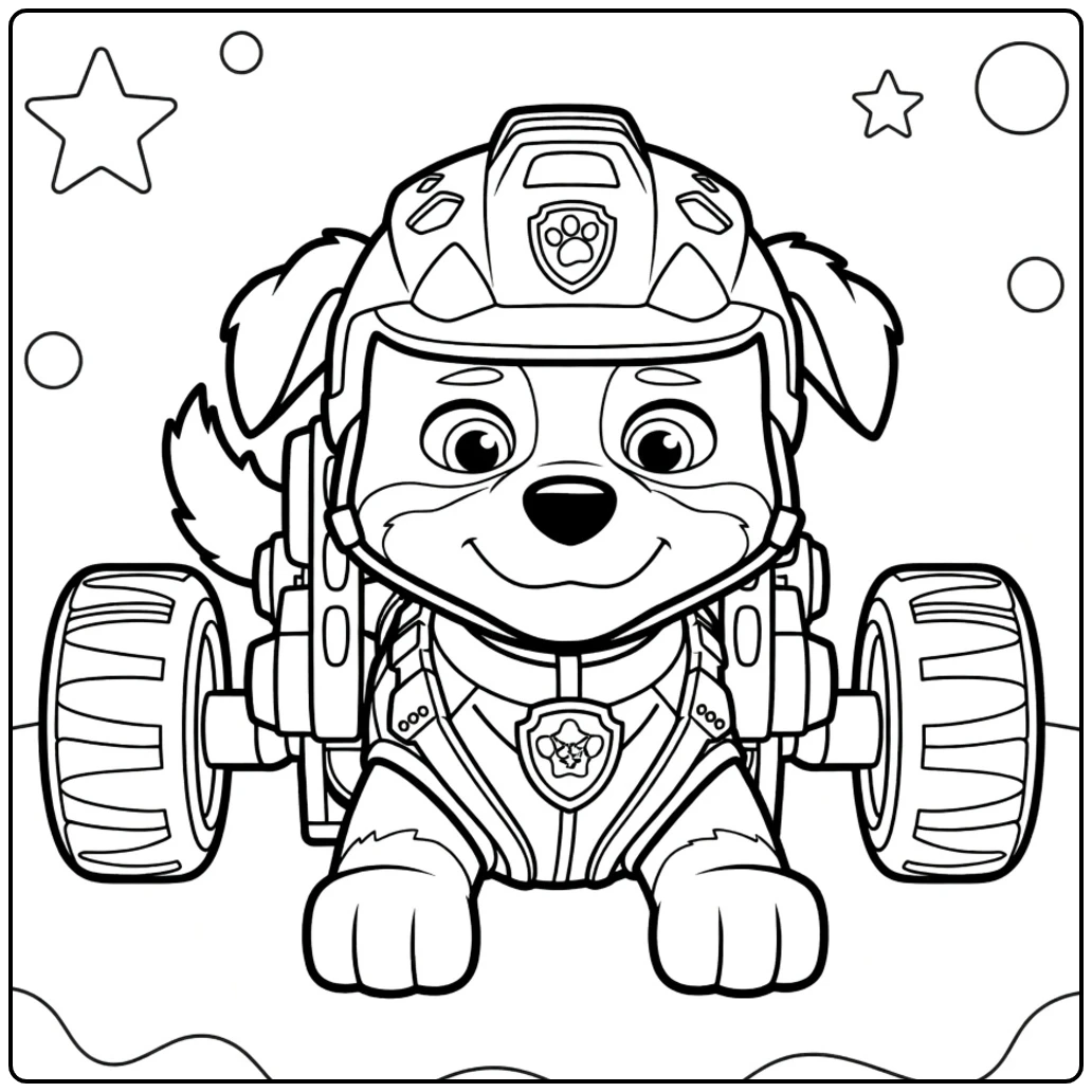 Liggende hond met helm en mechanische wielen rex paw patrol kleurplaat