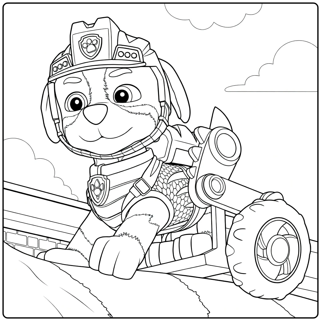 rex paw patrol kleurplaat van een puppy die leunt met poten op een wielvoertuig en een helm draagt