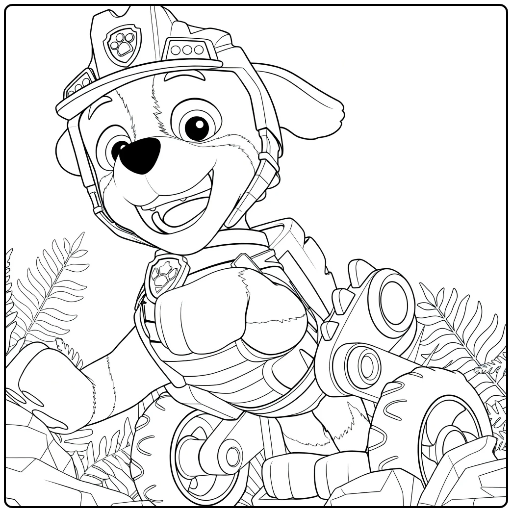 rex paw patrol kleurplaat met een hond leunend voorover op een voertuig met helm en vest
