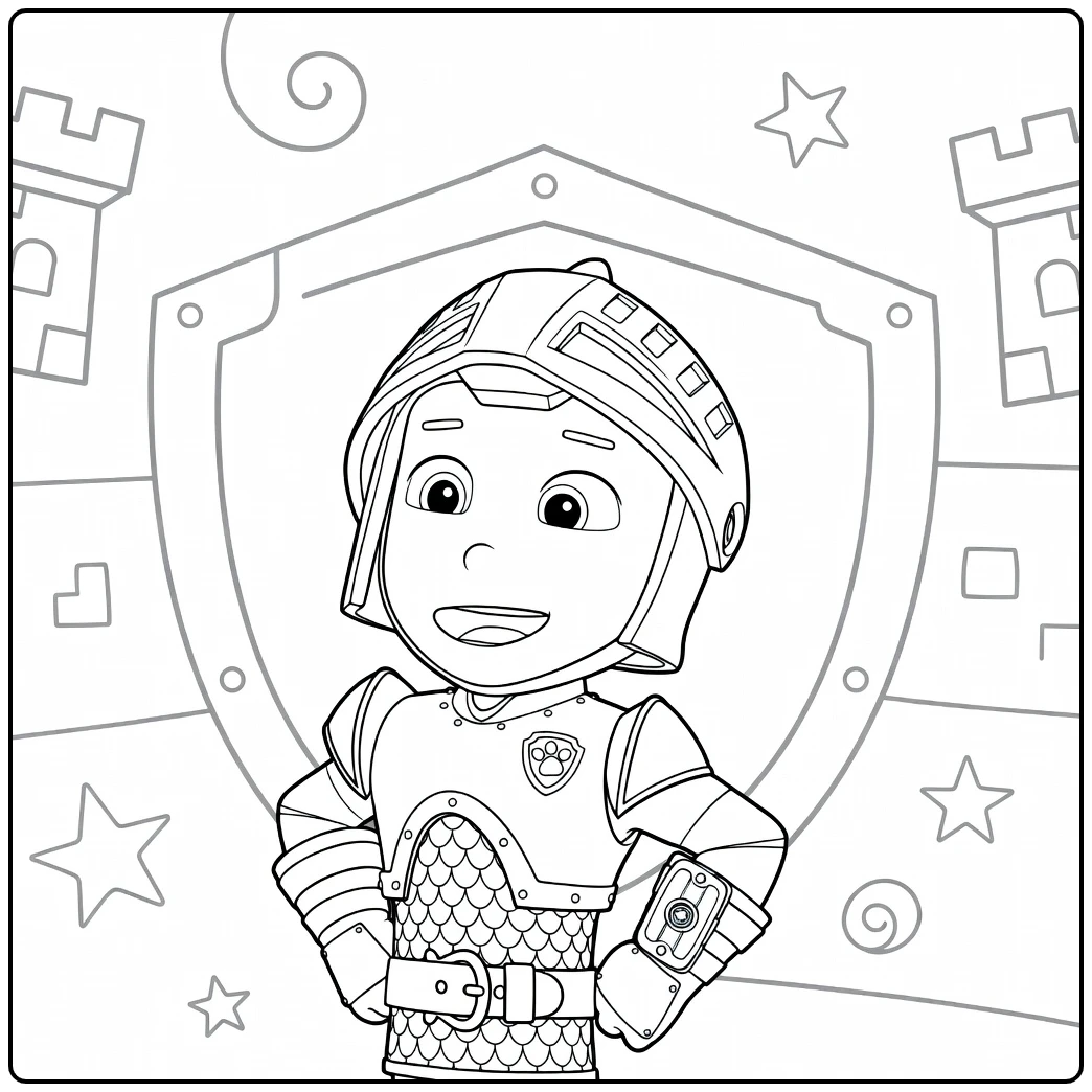 Jong kind als ridder met helm en harnas in verraste pose Paw Patrol Seizoen 8 Kleurplaat