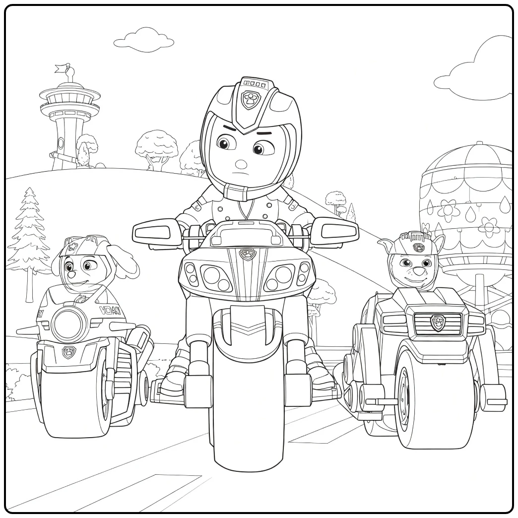 Paw Patrol Seizoen 7 Kleurplaat met drie rijders op voertuigen naast elkaar