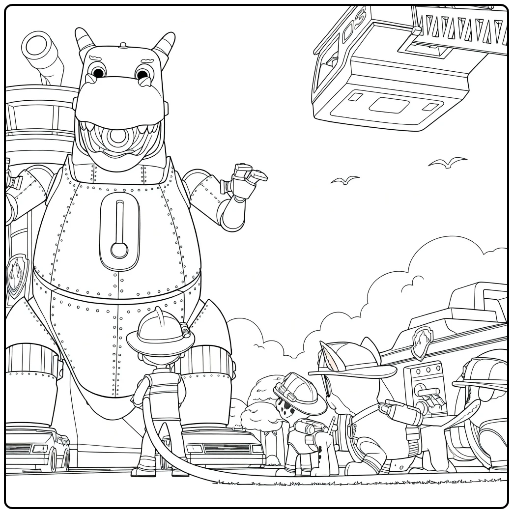 Paw Patrol Seizoen 5 Kleurplaat met een grote robot dinosaurus en kleine hondenfiguren bij de brandweerwagen