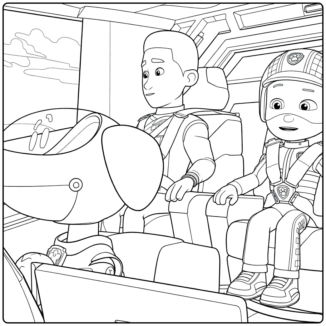 Robot hond links, jongen midden en kind met helm rechts in voertuig op Paw Patrol Seizoen 6 Kleurplaat