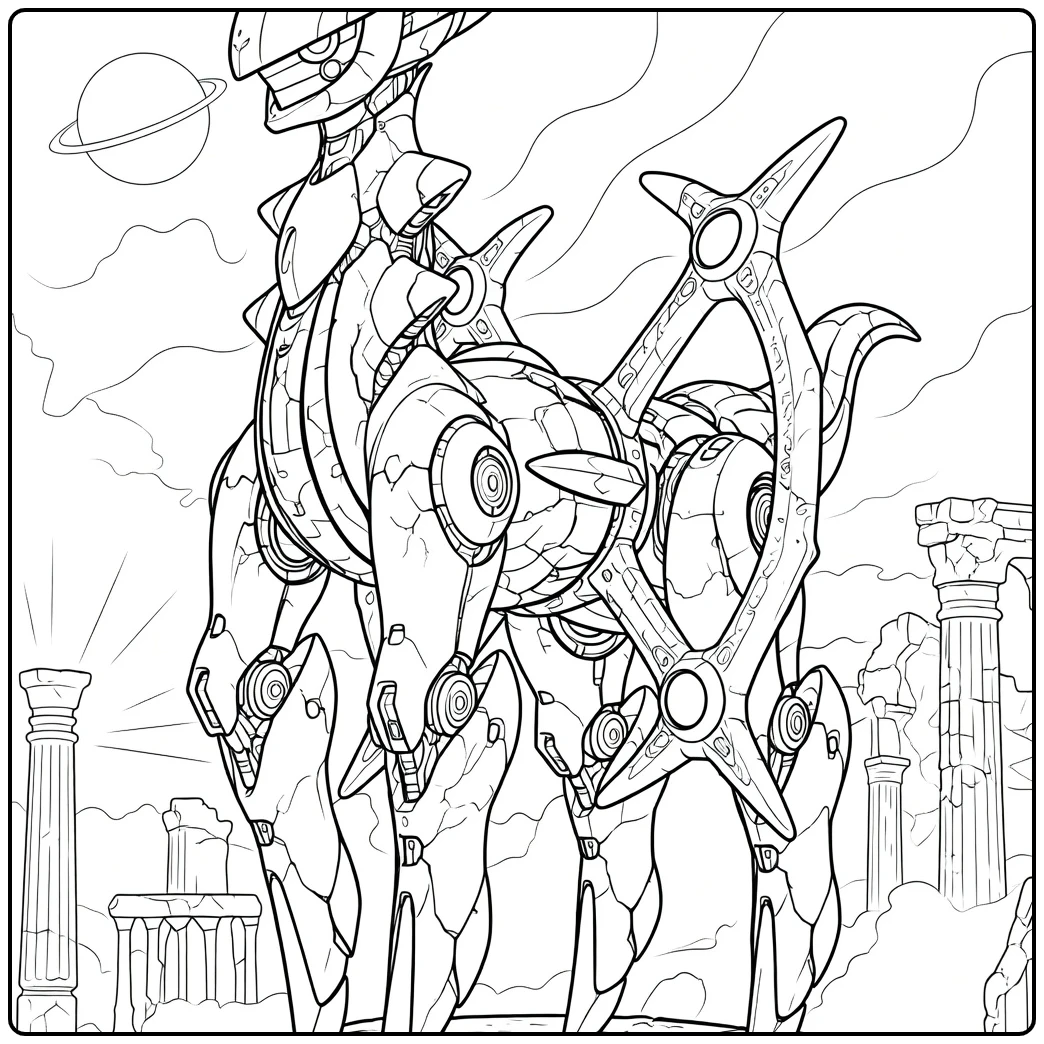 Robotische Arceus met gouden hoorns en groene edelstenen op vier poten Pokemon Kleurplaat Arceus