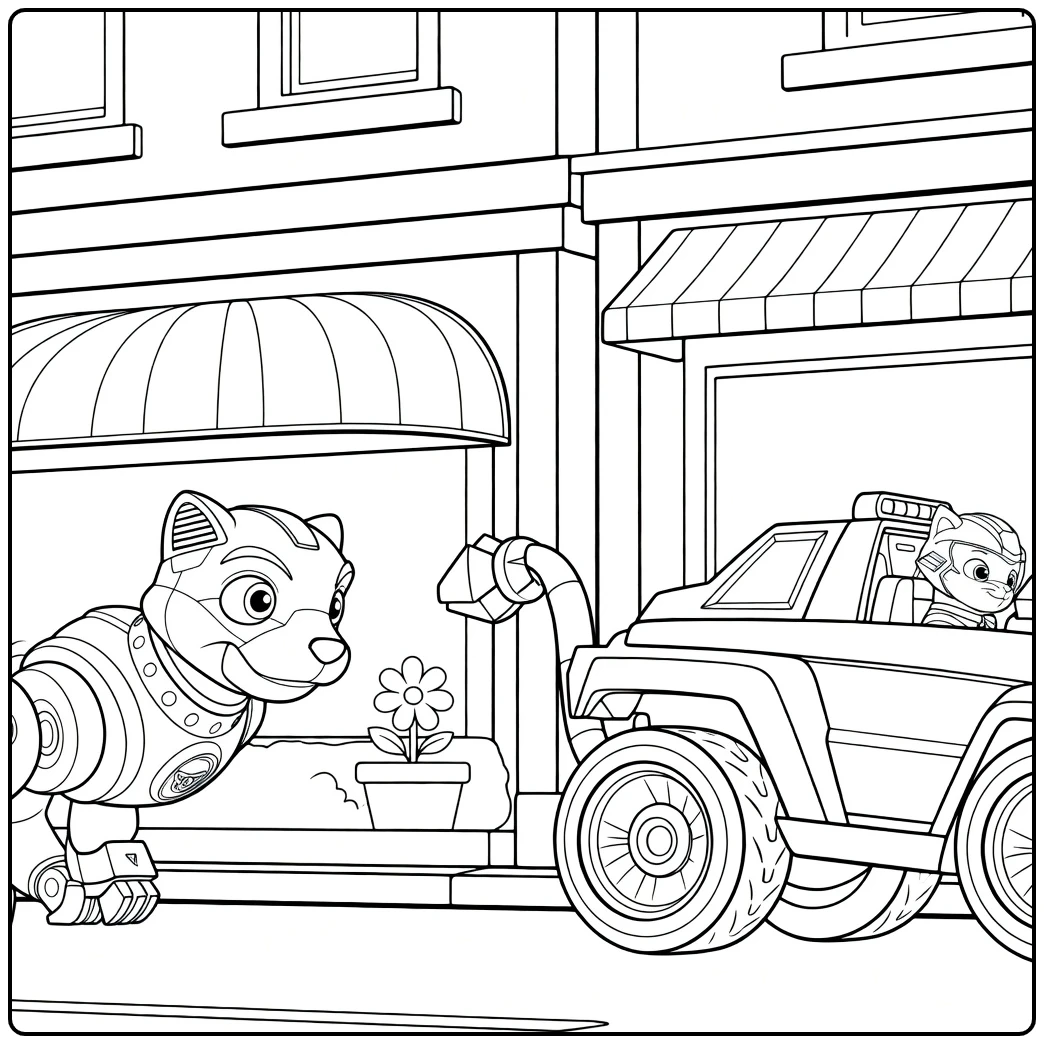 leo paw patrol kleurplaat van een robotkat die alert staat tegenover een geel voertuig met een hondachtige bestuurder