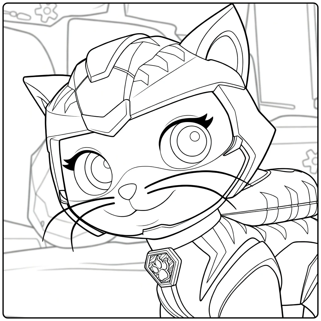 Rory als robotkat met paarse ogen en gestreepte helm rory paw patrol kleurplaat
