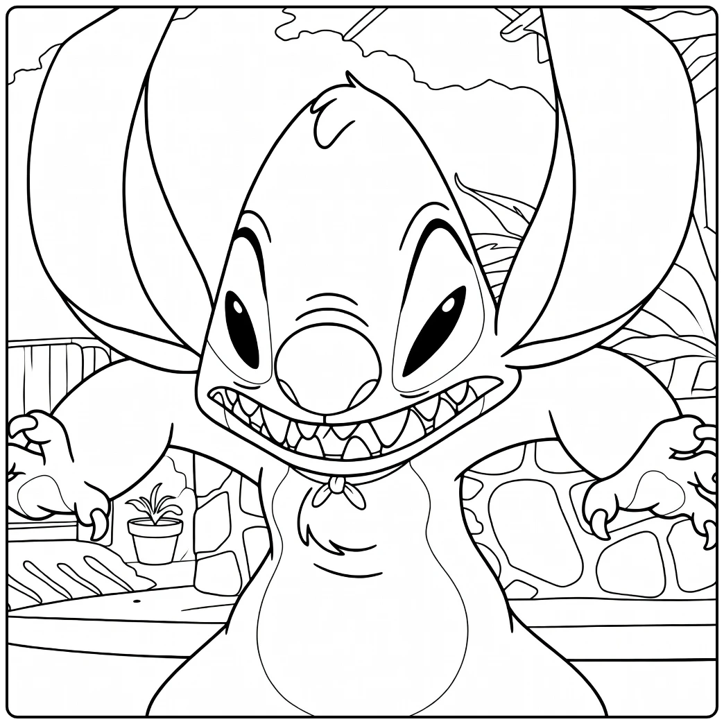Experiment 627 Kleurplaat met een rood dier dat met uitgestrekte armen naar voren leunt en breed grijnst