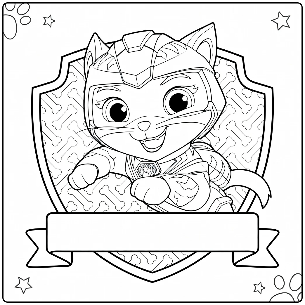 Antropomorfe kat met gestreepte helm en harnas leunt naar voren met uitgestrekte poot rory paw patrol kleurplaat