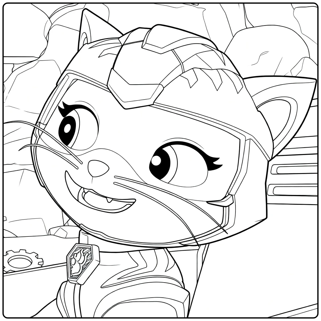 Witte kat met helm en gepantserd pak knipogend en lachend, rory paw patrol kleurplaat