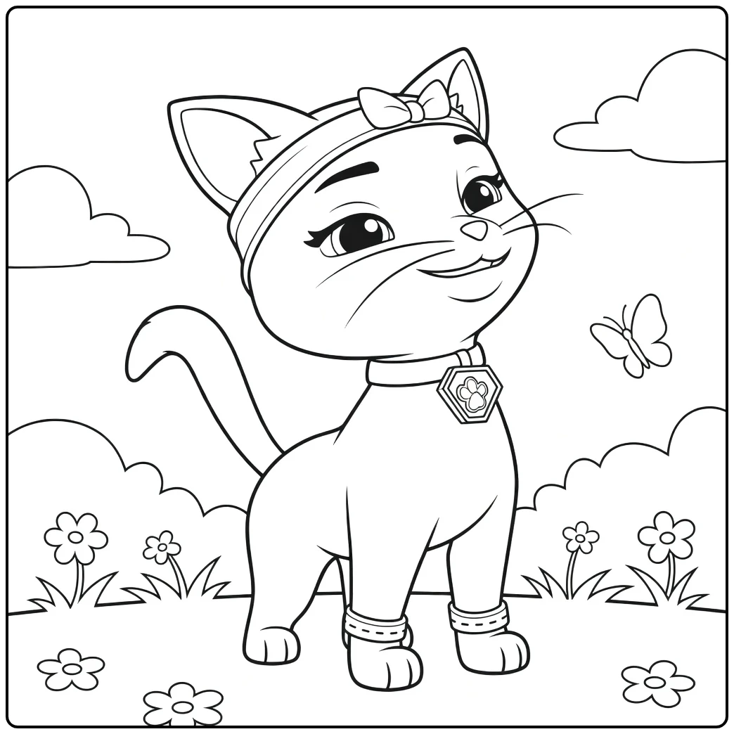 Staande witte kat met hoofdband kraag en krullende staart rory paw patrol kleurplaat