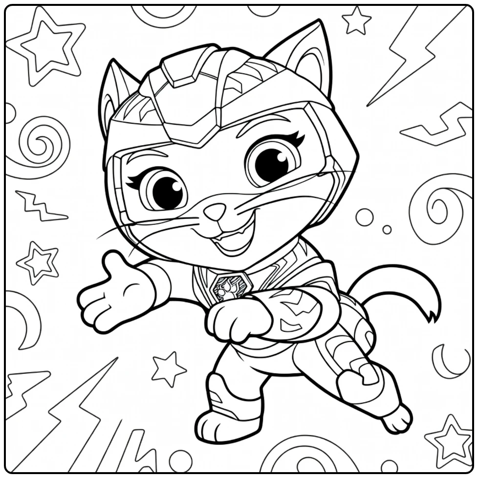 Anthropomorfe kat Rory in gepantserd pak met helm en uitgestrekte poot, rory paw patrol kleurplaat