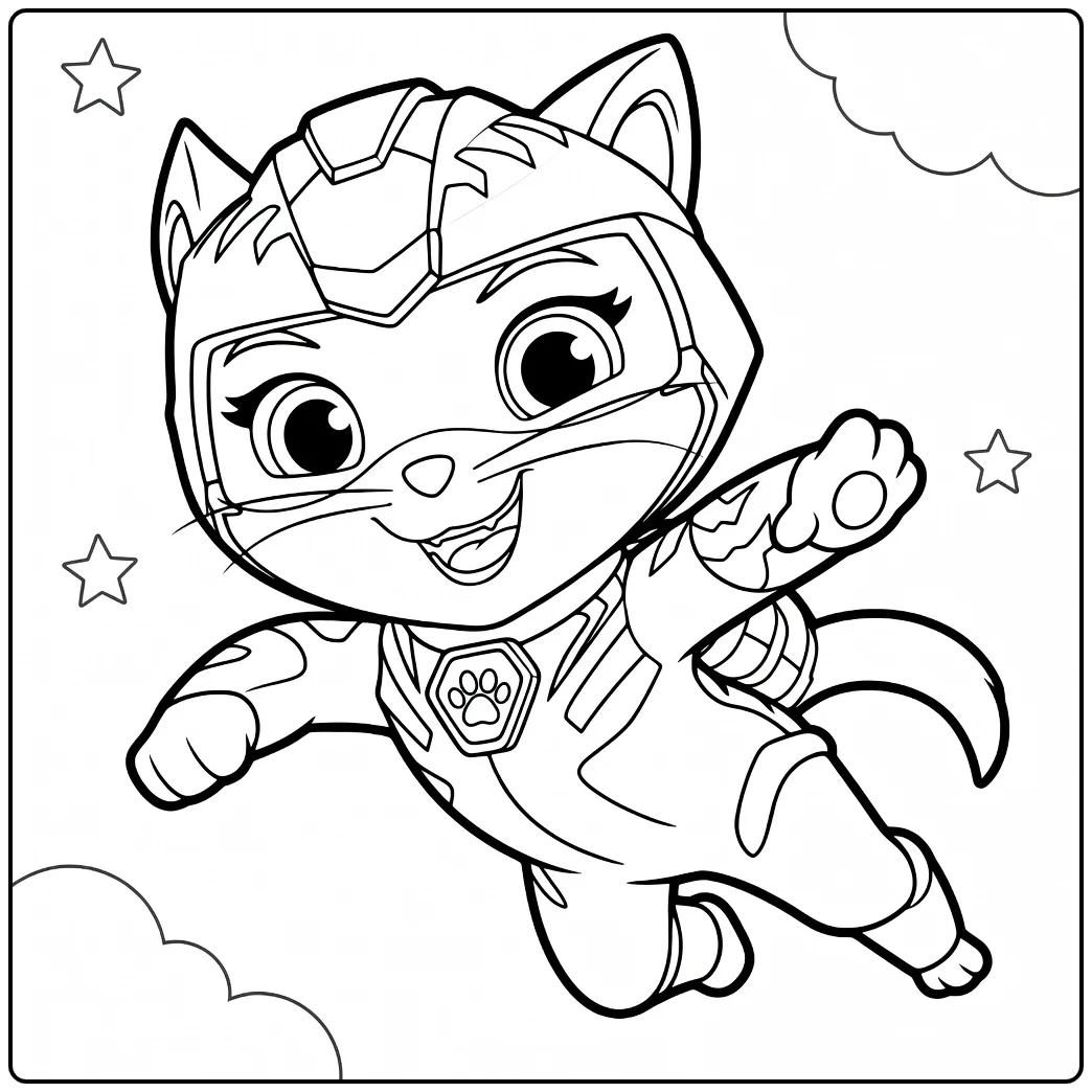 Anthropomorfe kat in sprong met robothelm en pak op rory paw patrol kleurplaat