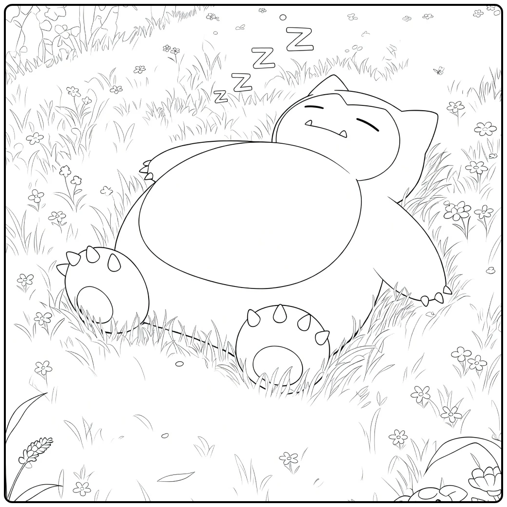 Snorlax Kleurplaat van een slapend dier met drijvende Z-symbolen op het gras