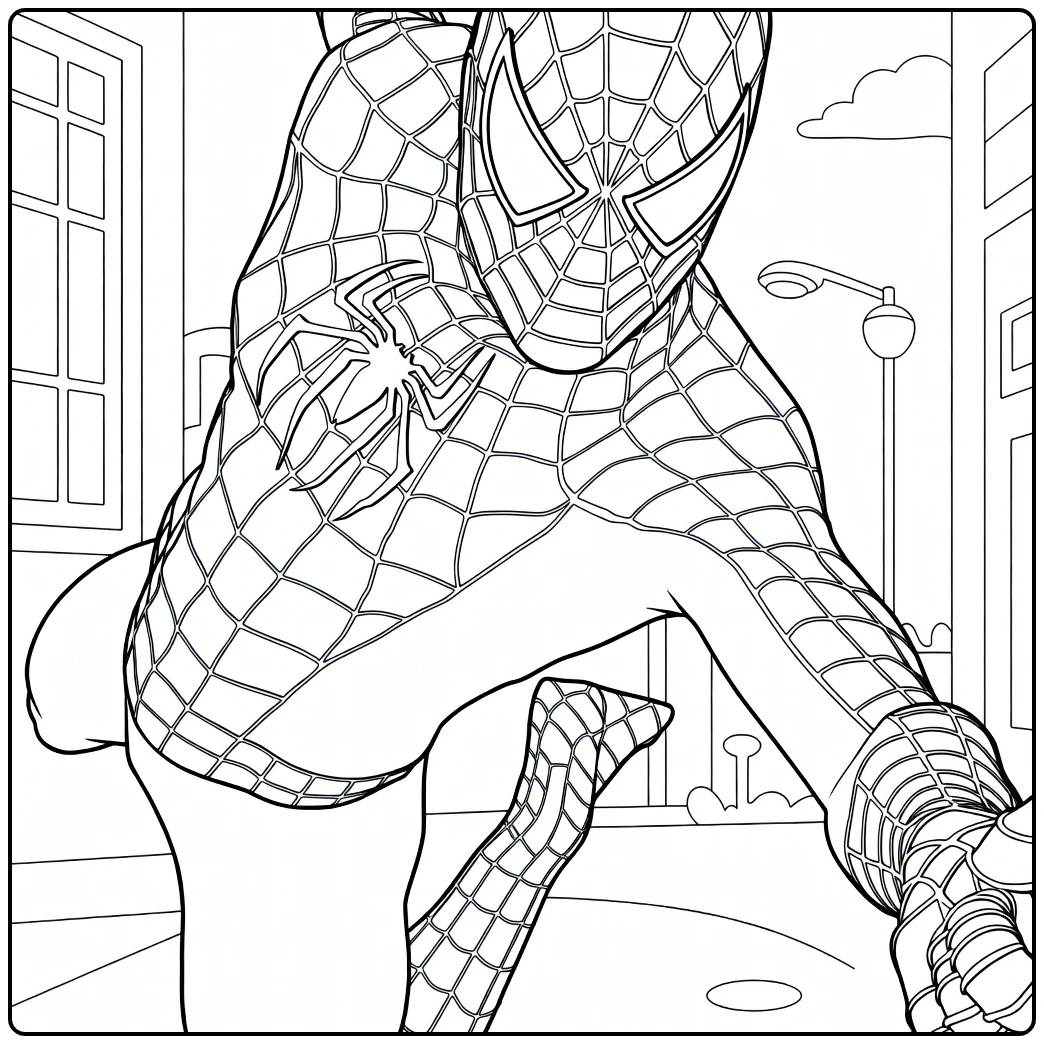Spiderman Kleurplaat met een gemaskerde held in webpak die voorover gebukt staat en één arm vooruit steekt